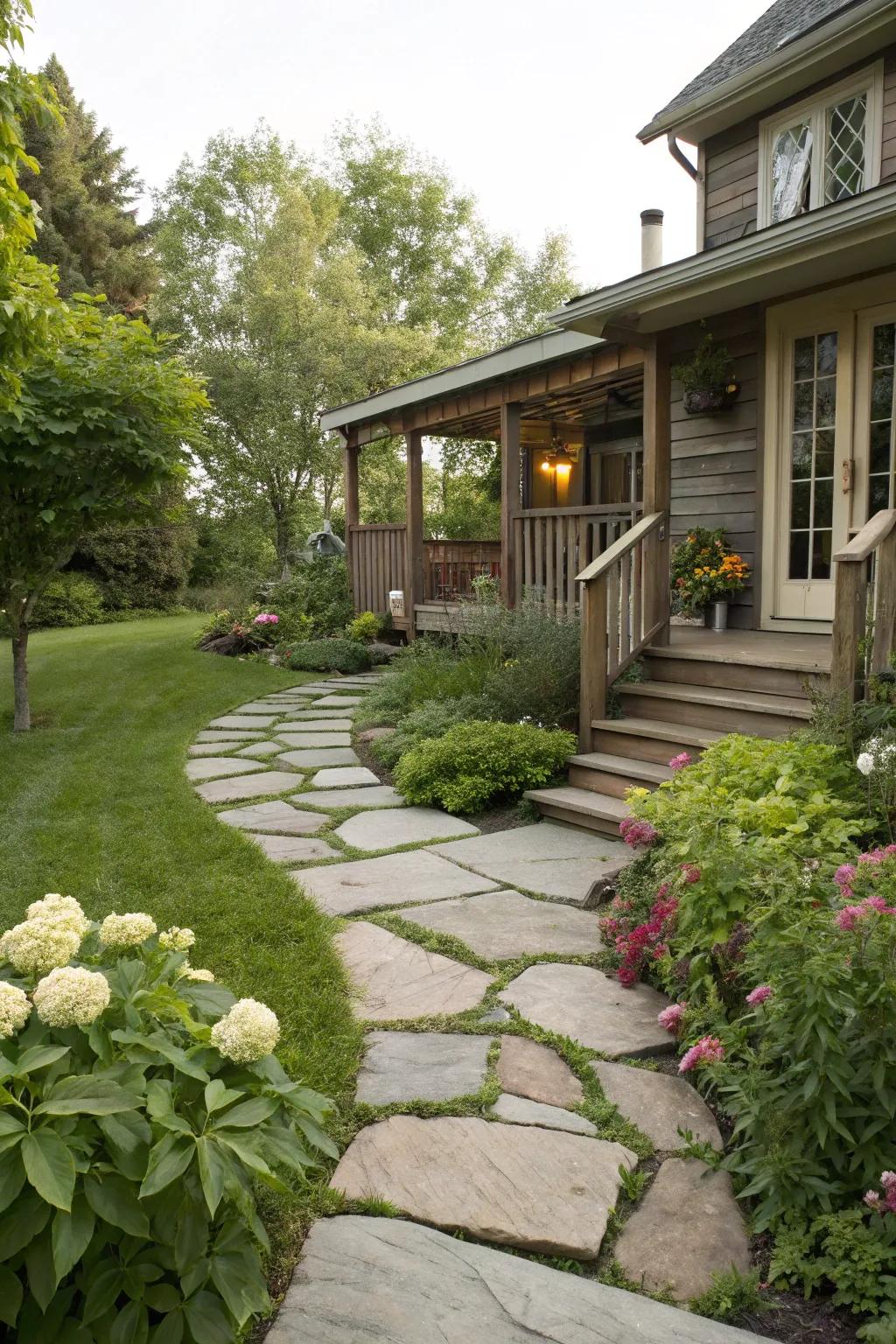 A stonestep path adds elegance and texture to the deck.