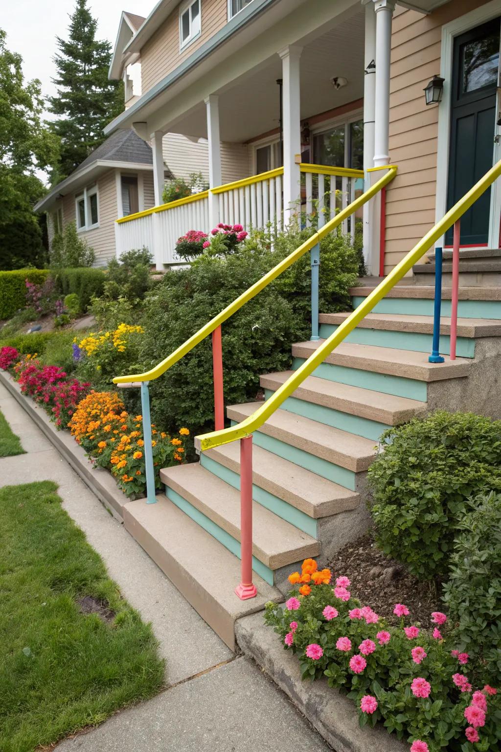 Brightly painted handrails add a splash of color and personality.