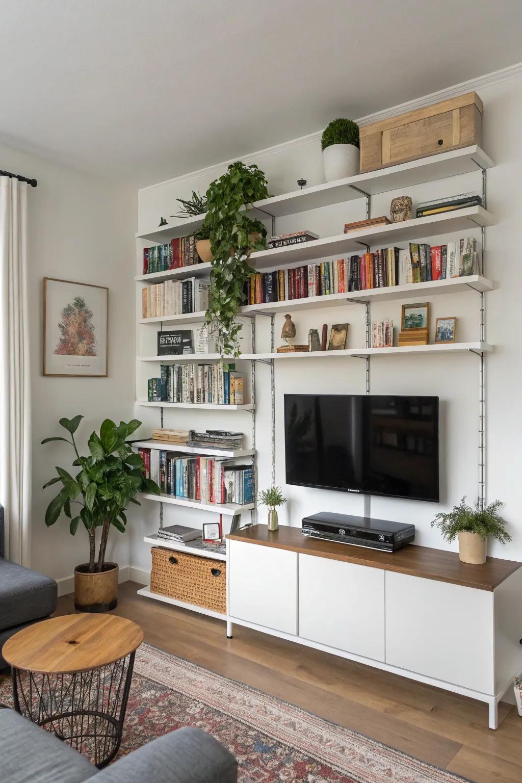 Vertical storage solutions help keep the living room organized.
