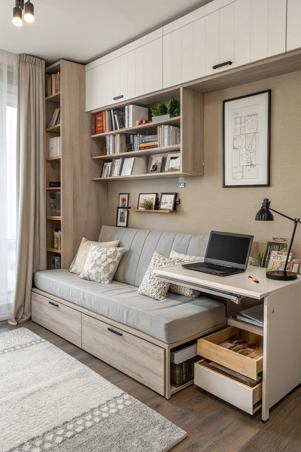A tidy room utilizing smart storage solutions.