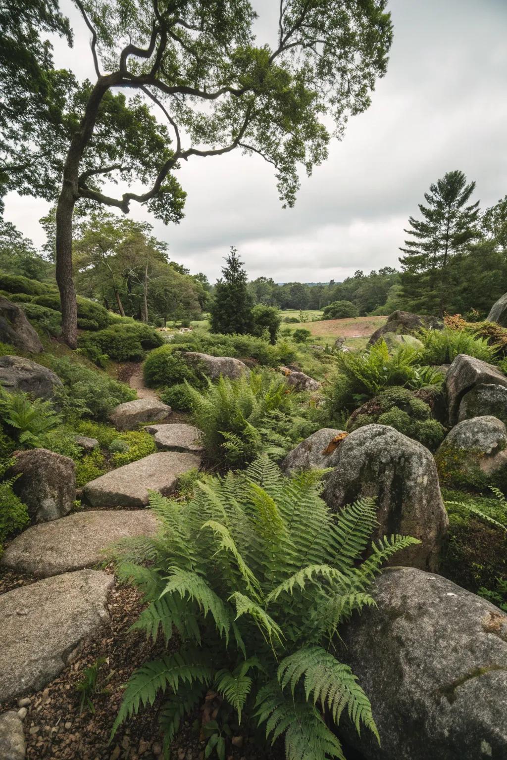 Ferns bring lush greenery to shaded rock gardens.