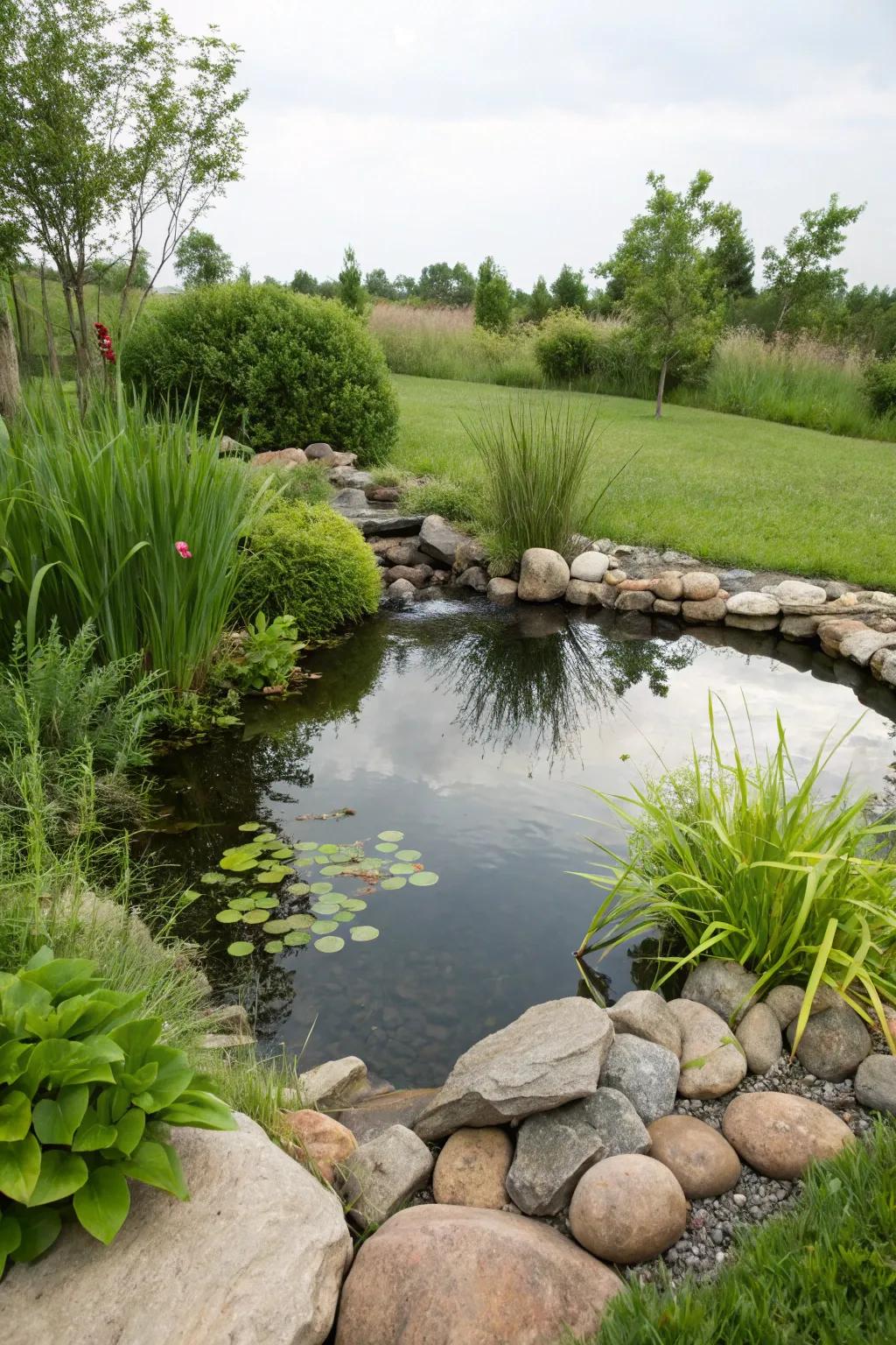 A small lagoon conceives a placid and inviting garden attribute.