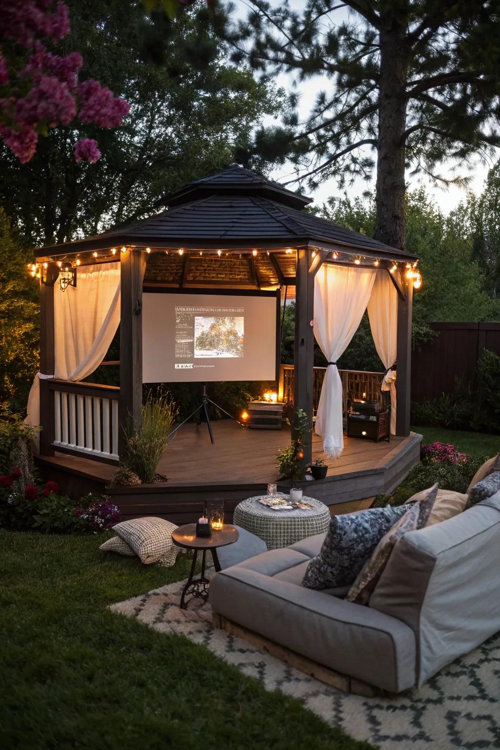 Delight in movie evenings using an alfresco film venue setup.