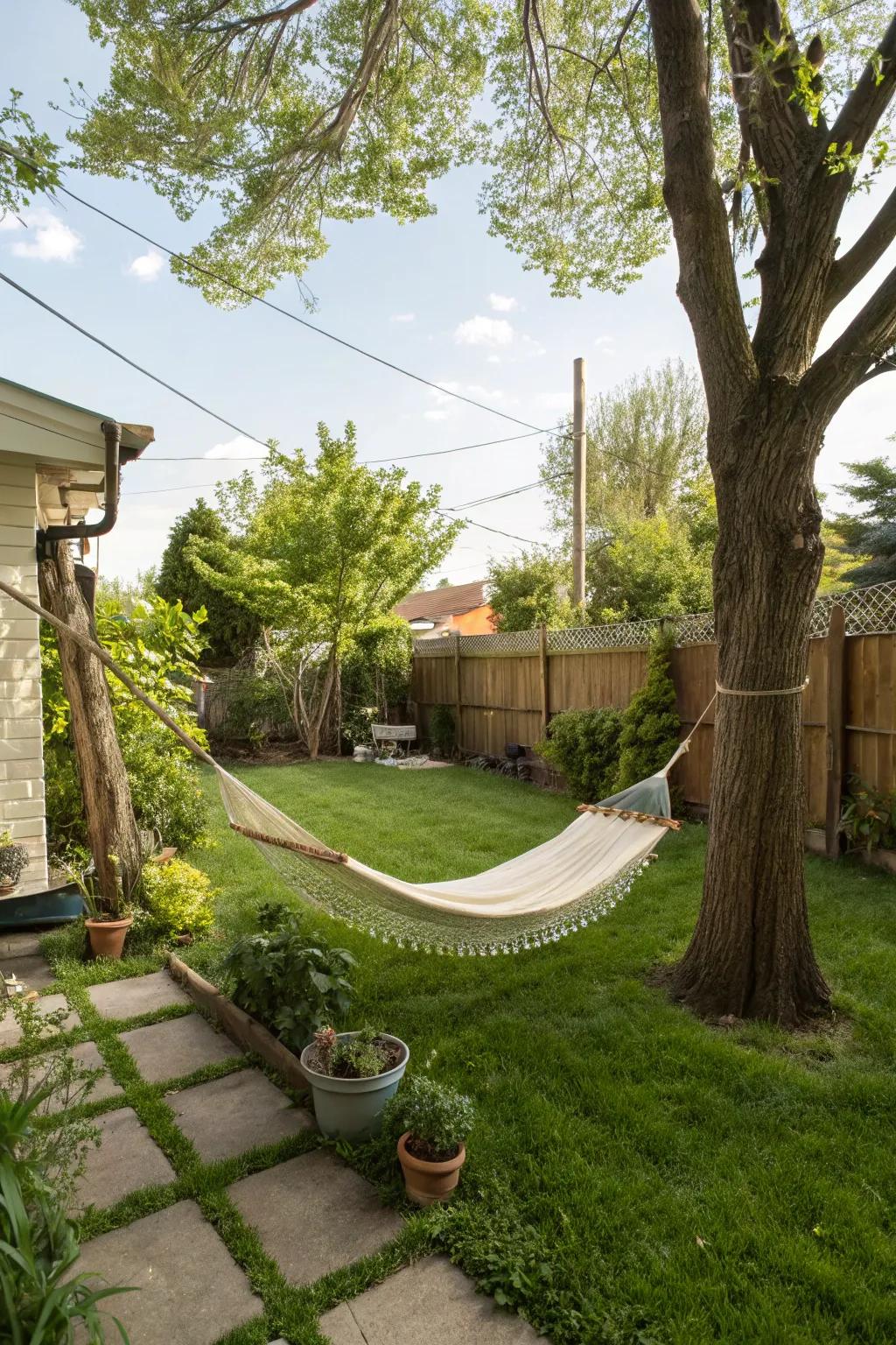 A hammock provides a tranquil setting for relaxation.