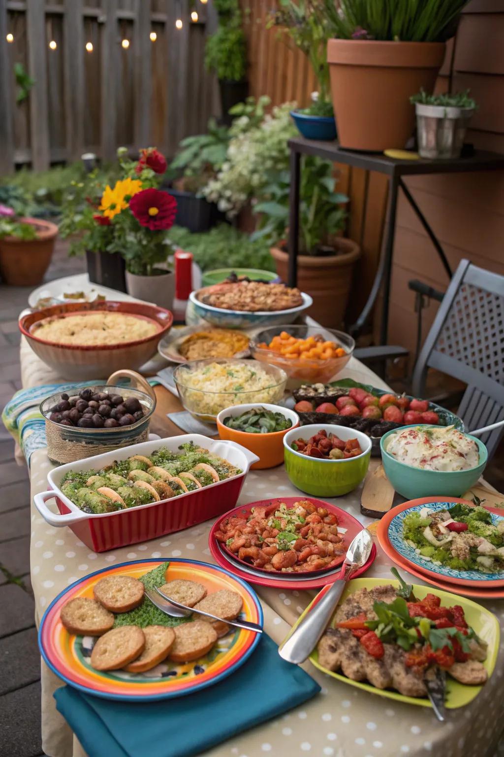 A diverse potluck spread with homemade dishes