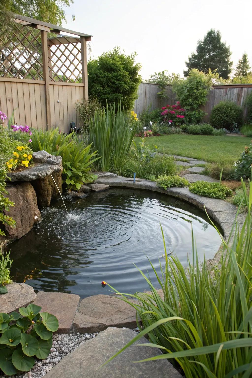 A corner pond transforms an unused space into a cozy retreat.