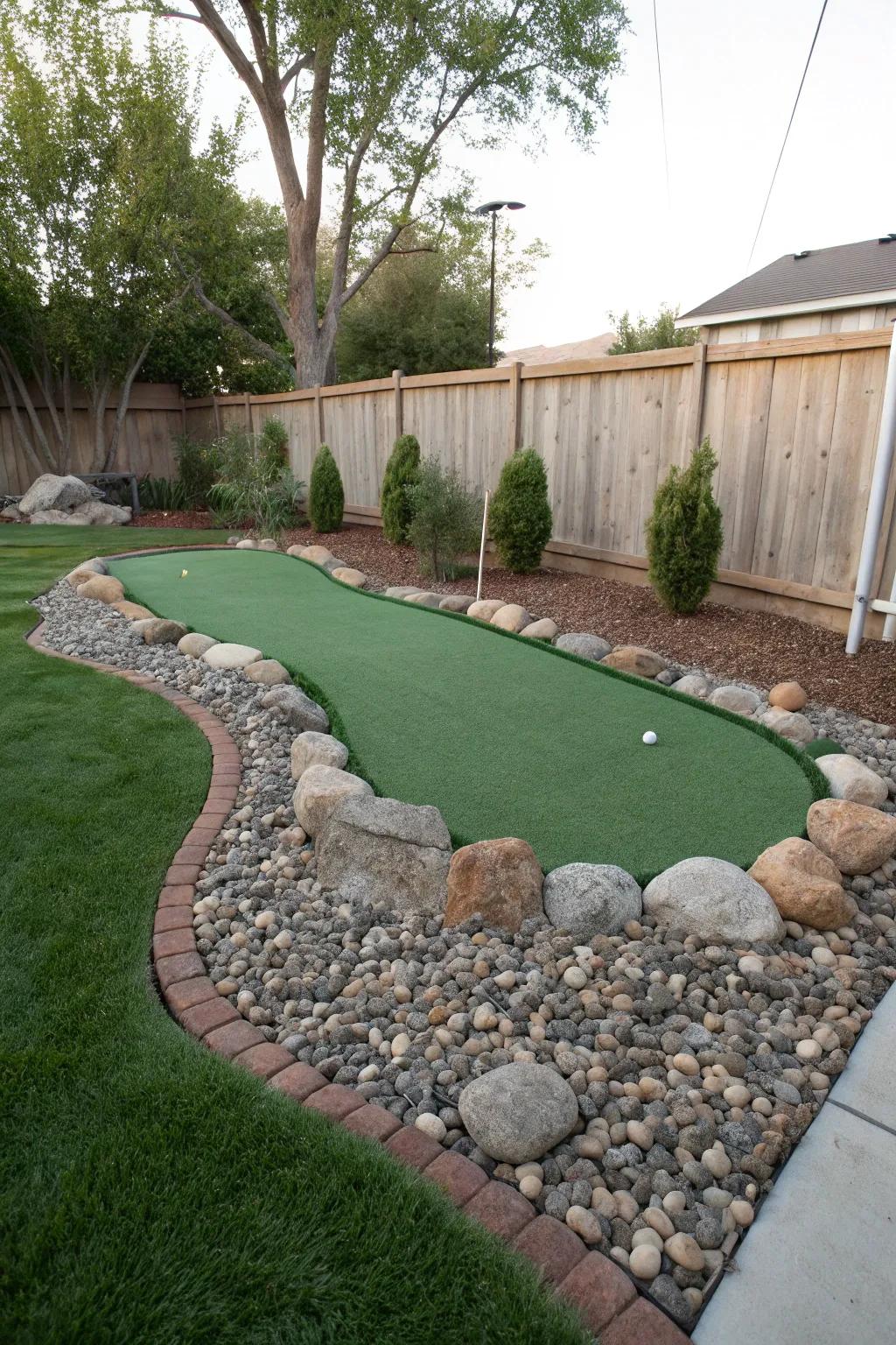 A putting green framed with ornamental stones for a natural aesthetic.