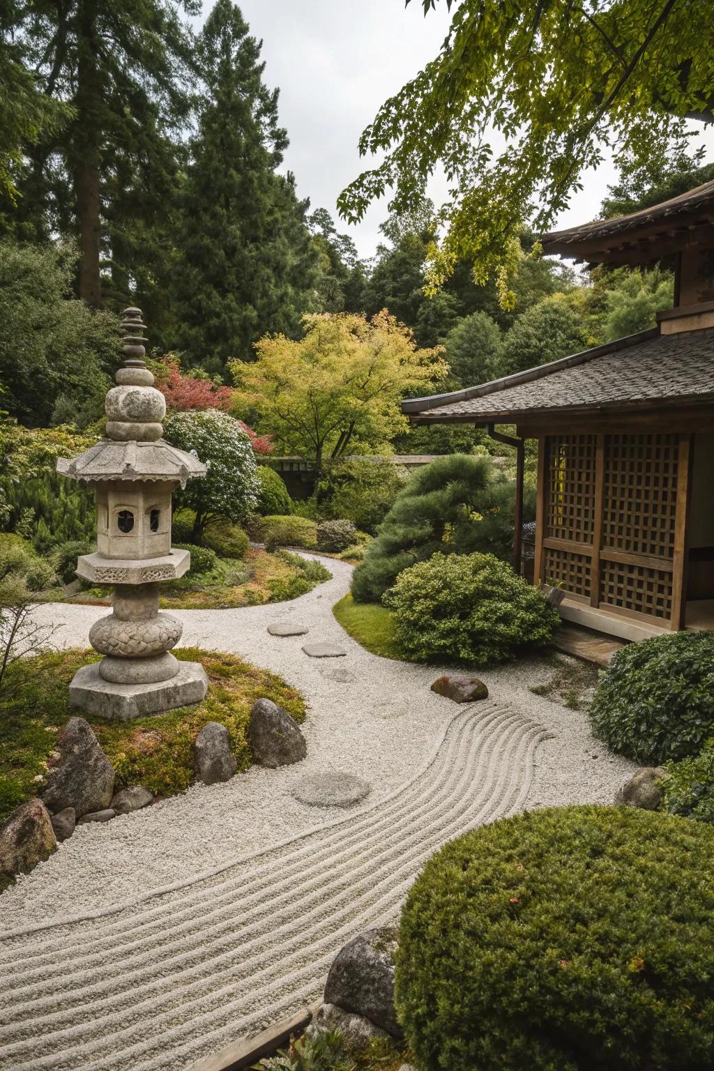 A small stone pagoda tucked away among vegetation and gravel is the focal point of a zen garden.