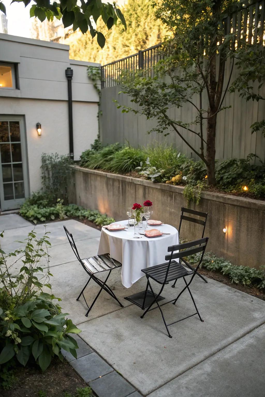 A bistro table creates a quaint dining spot.