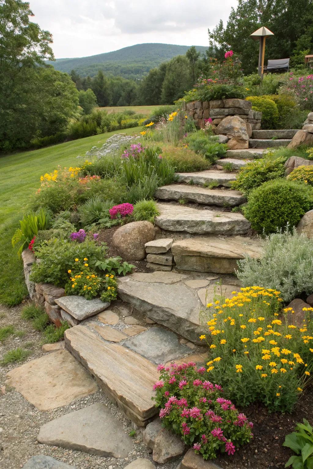 Natural stone steps provide a pathway through the rock garden.