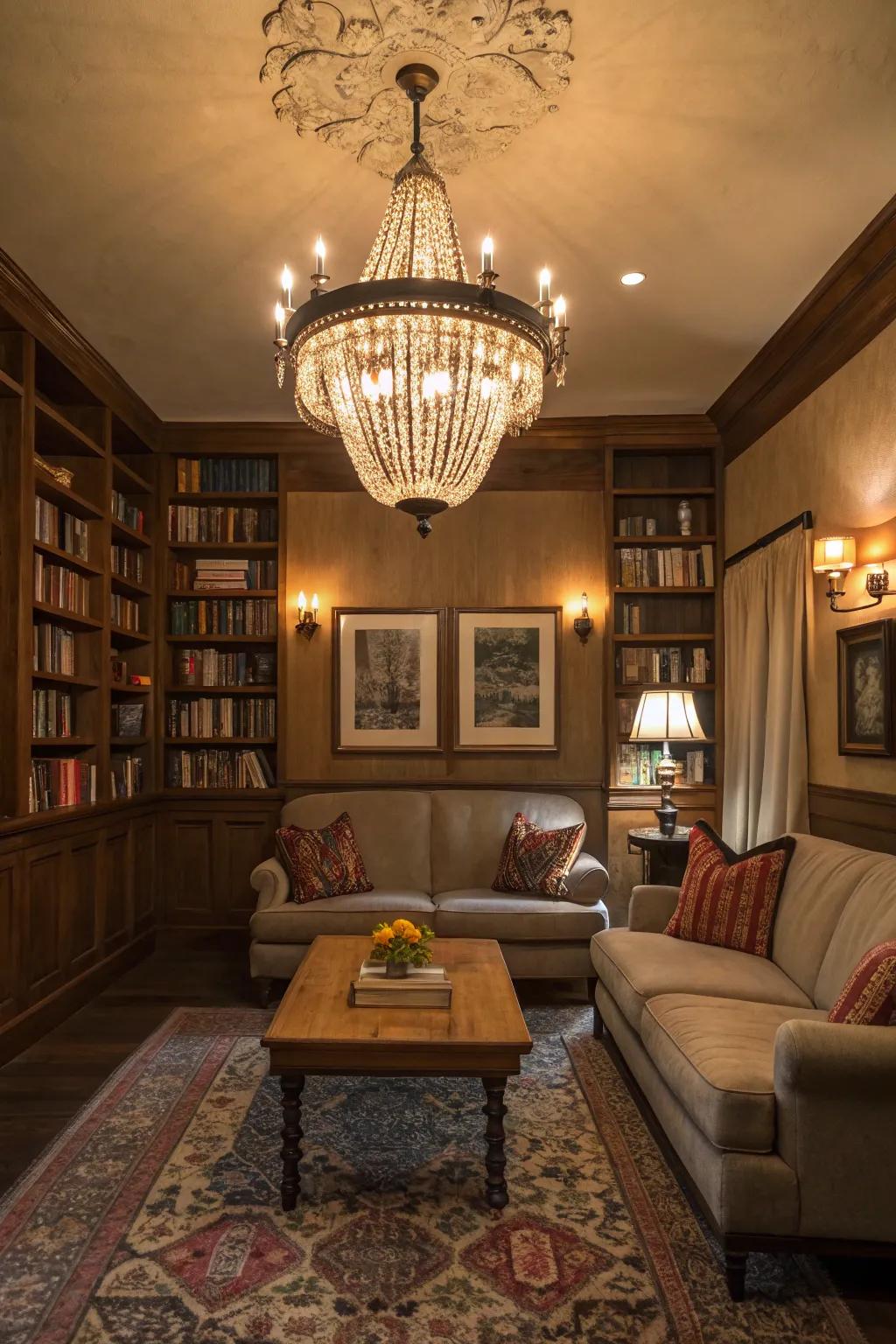 A statement light fixture adds drama and focus.