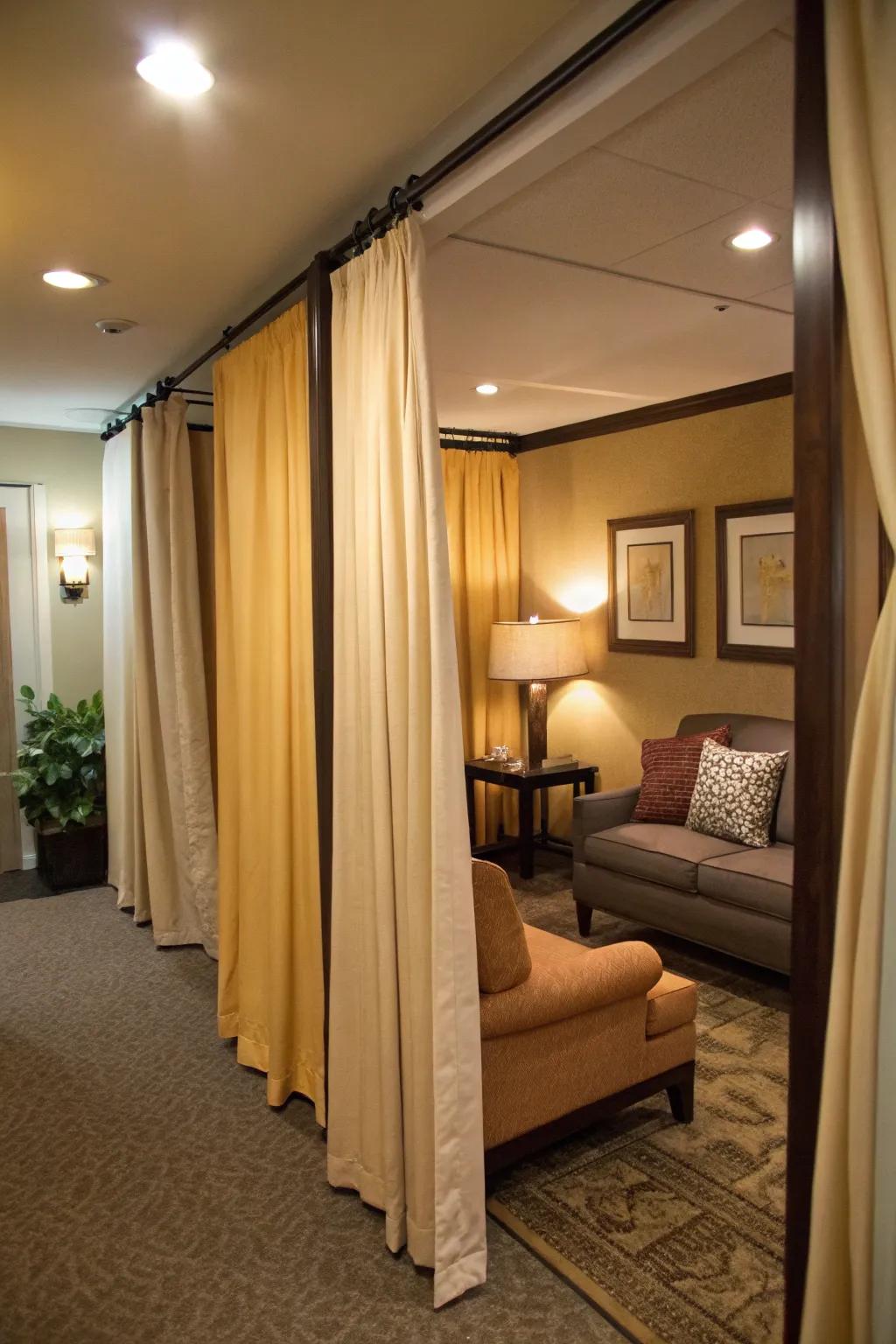 Curtains create zones for multifunctionality in a den.