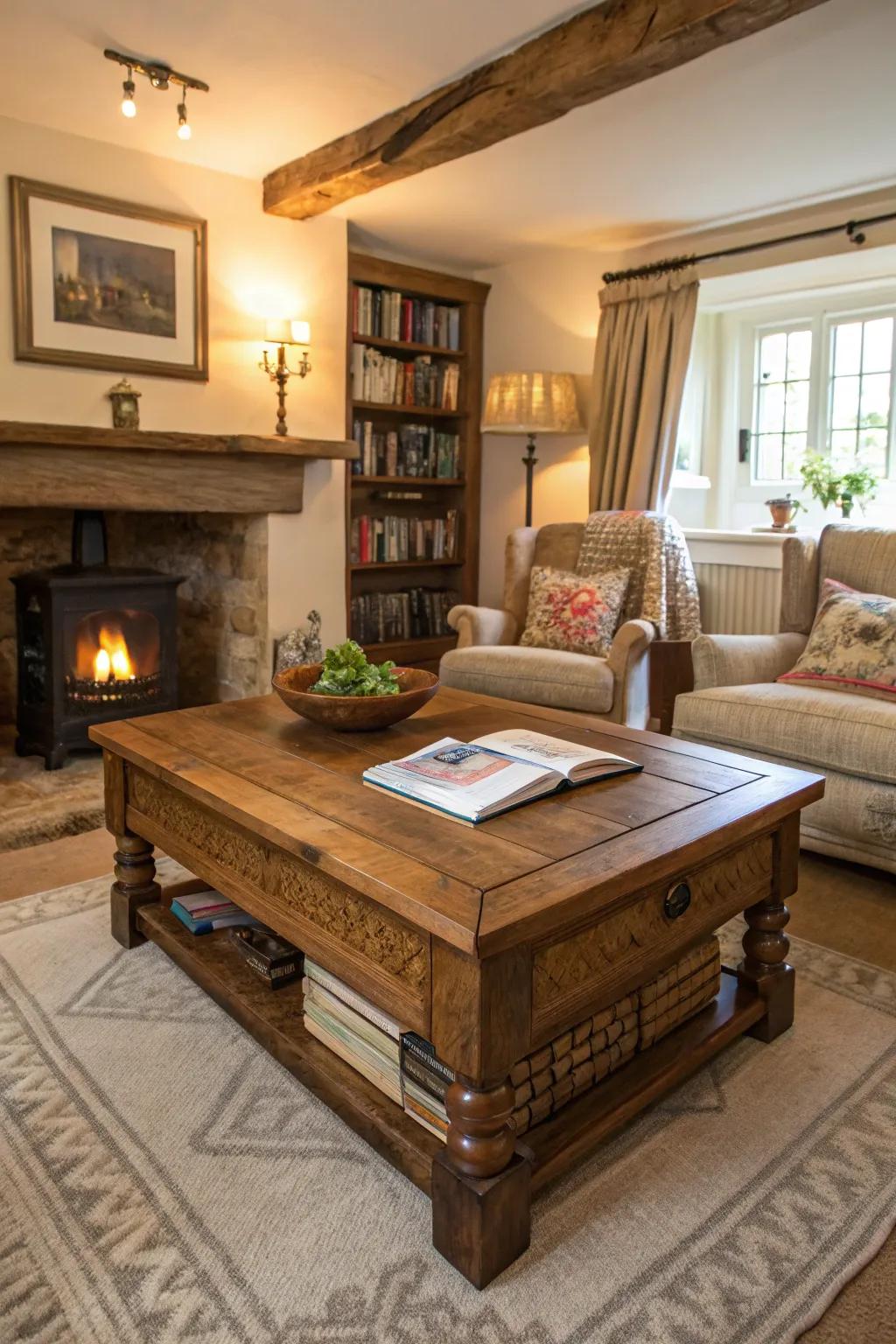 A statement coffee table anchors the room and adds character.