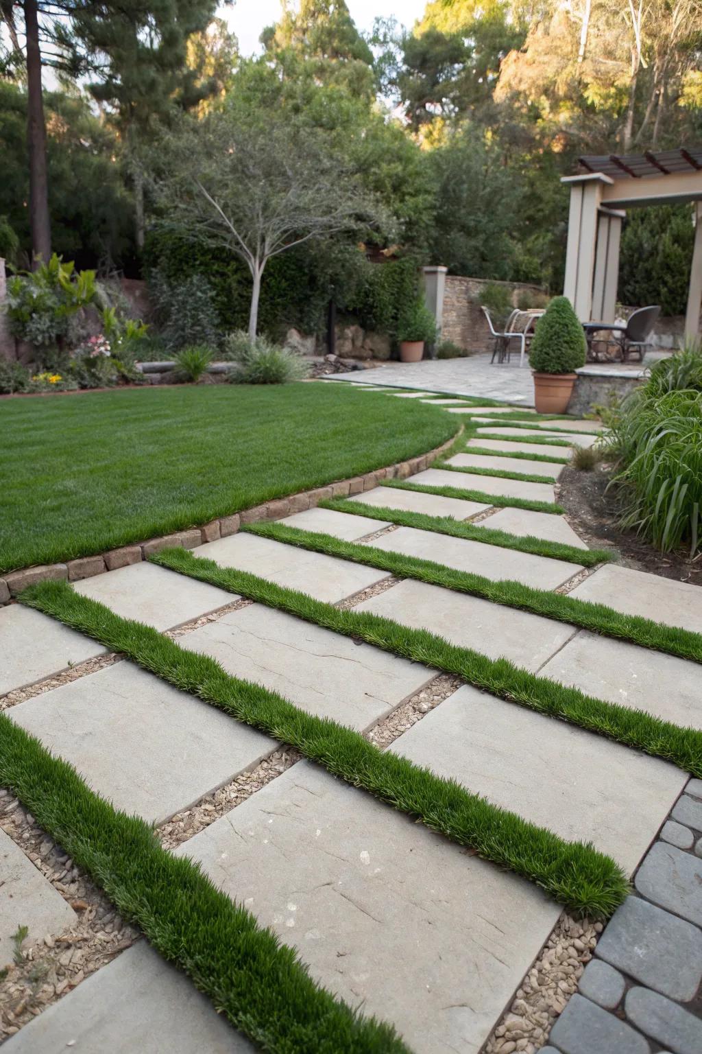An elegant pathway featuring artificial turf between slabs.