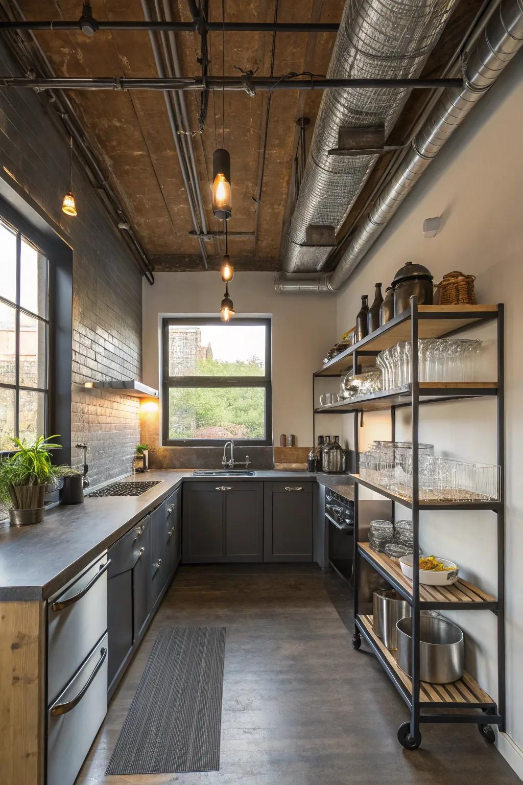 Industrial elements add an urban, edgy feel to modern small kitchens.