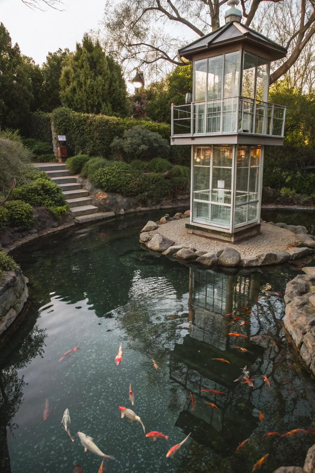 A magical observation tower gives you an immersive koi-viewing experience.