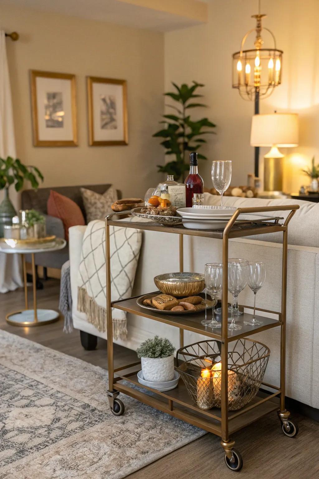 A rolling cart can function as a dining spot for added versatility.