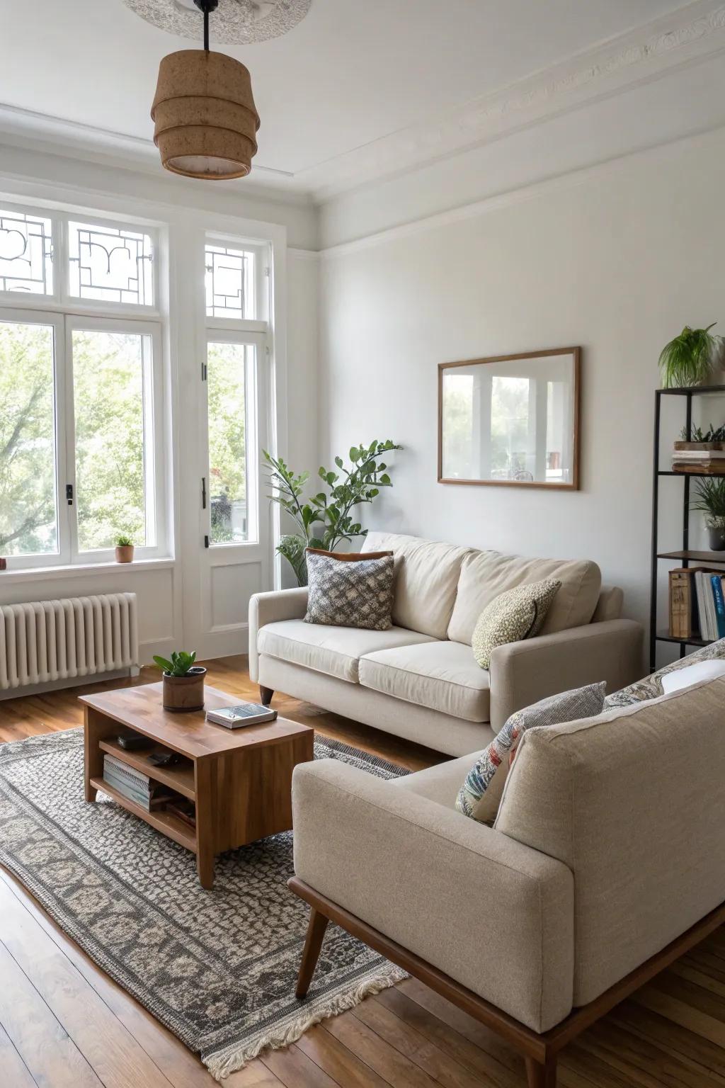 Furnishings with low profiles enhance vertical spaciousness.