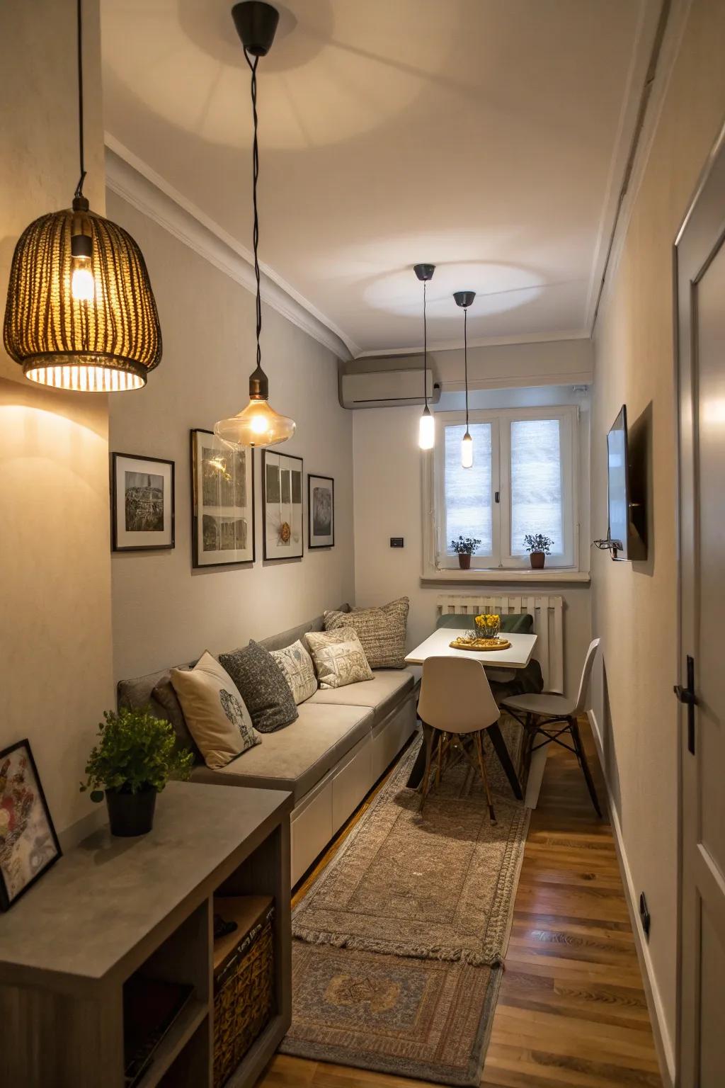 Lighting can be used strategically to define different zones.