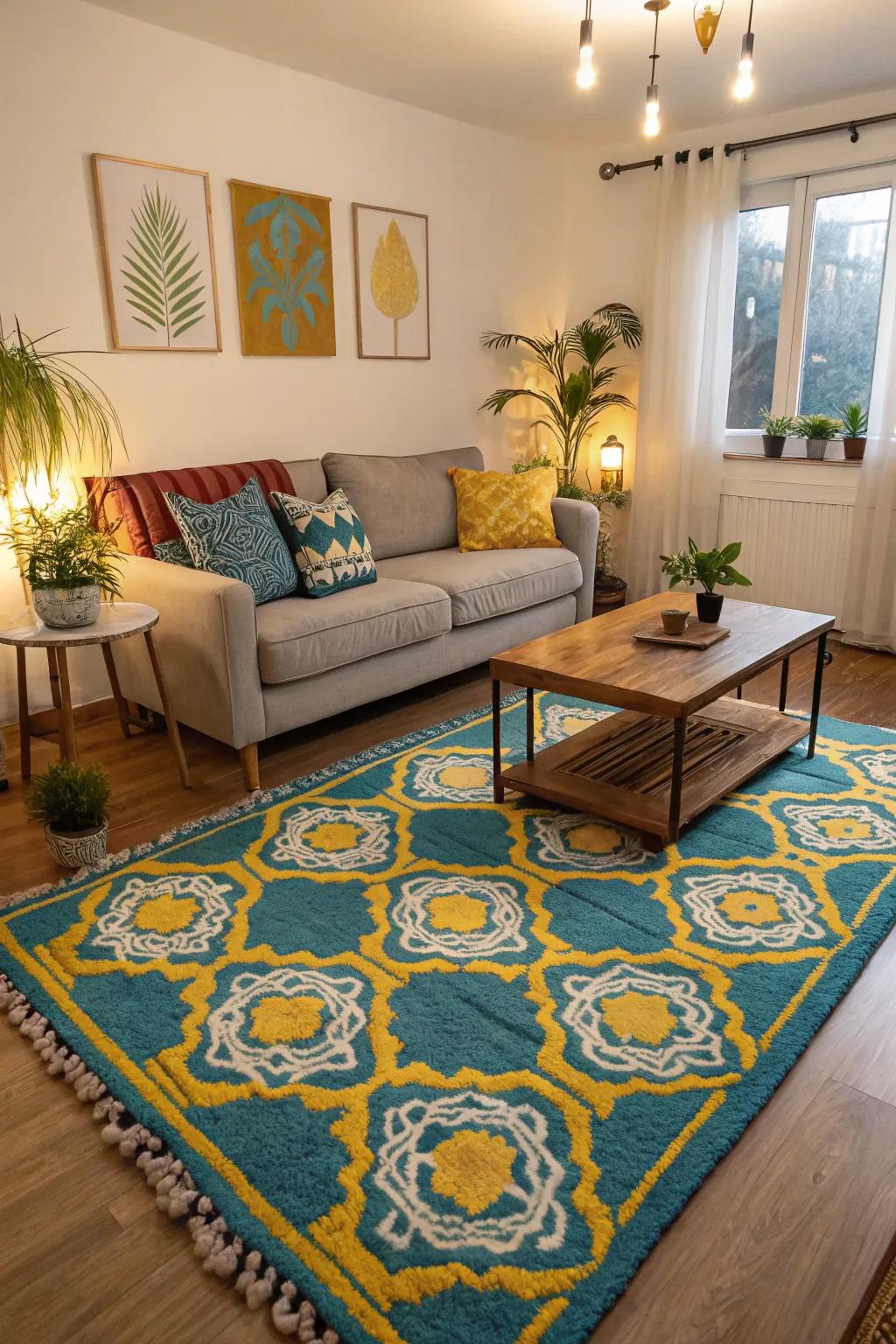 A bold rug ties the room together.