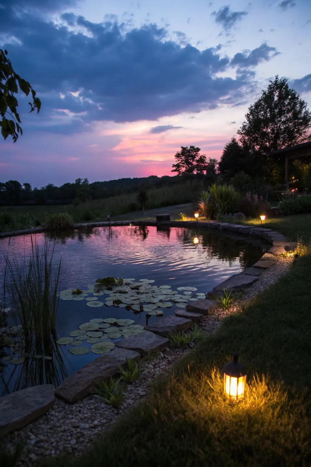 Integrated illumination transforms a pond into a nighttime wonder.