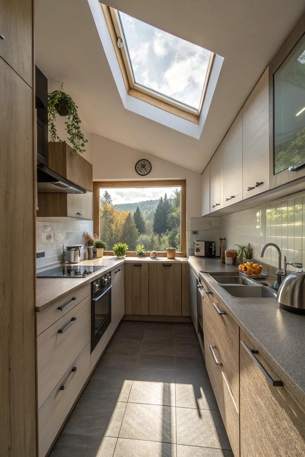 A skylight introduces an abundance of light and a connection to the sky.