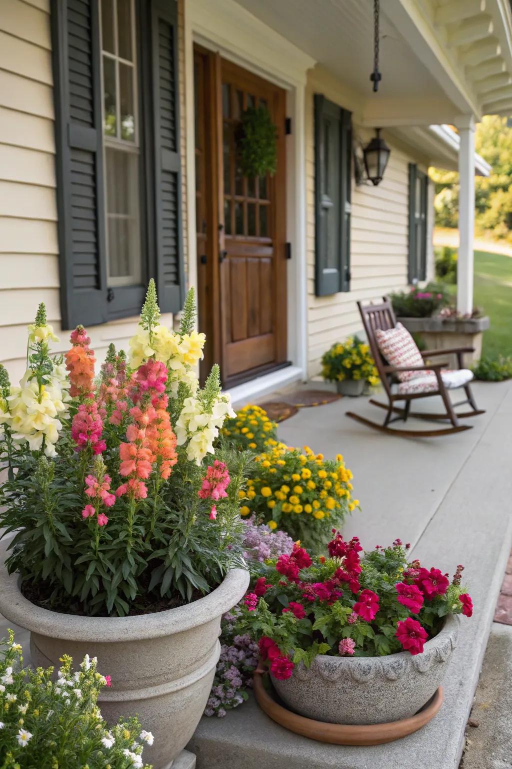 Snapdragons frame a porch entrance, creating a warm welcome.