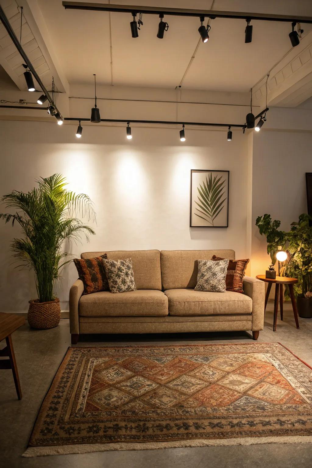 A statement sofa shines with pared-down surrounding decor.