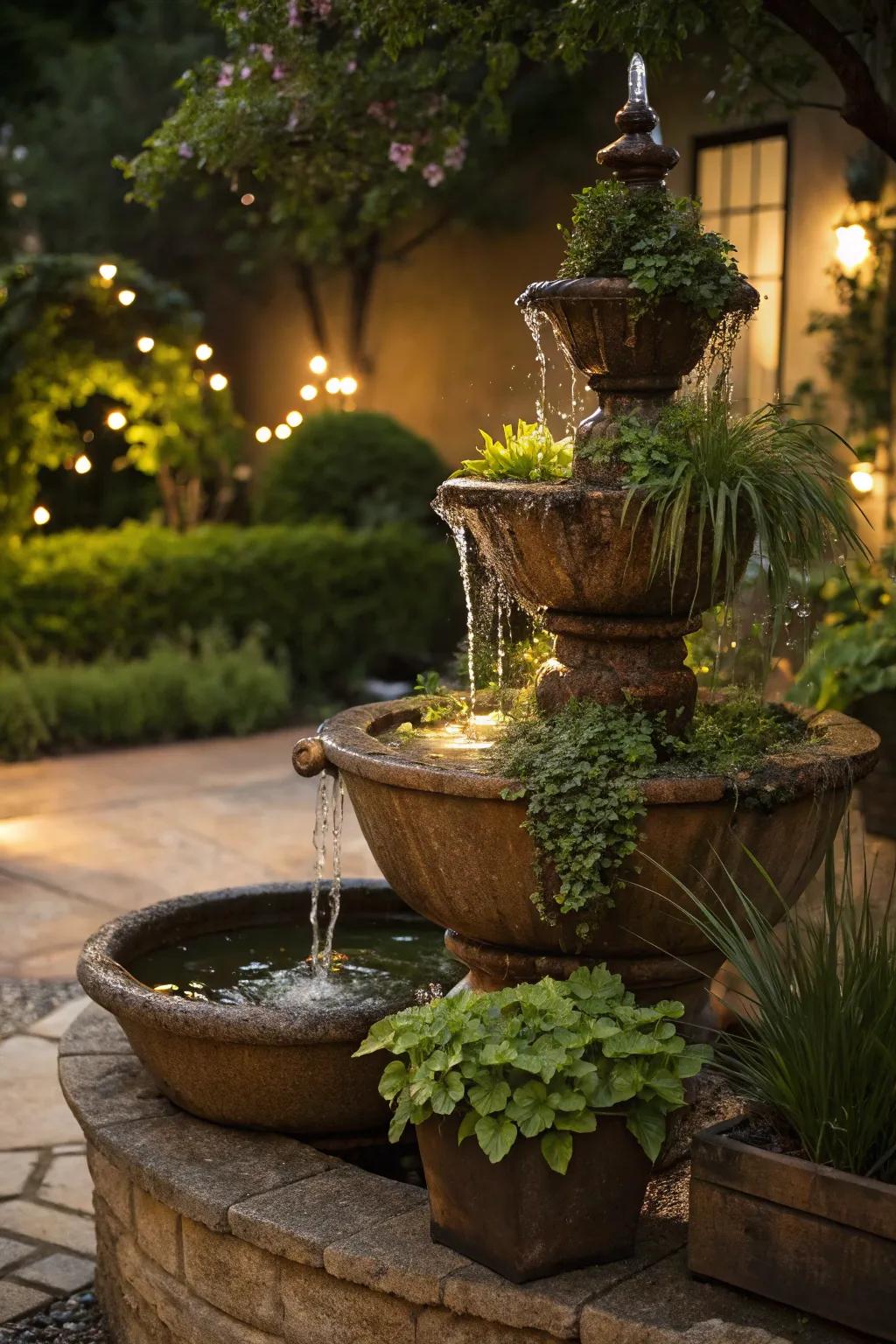 Tiered pots establish a dynamic solar-fueled fountain vista.