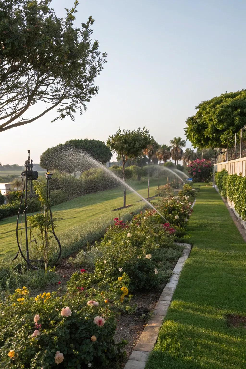 An automatic irrigation system keeping a garden lush and green.