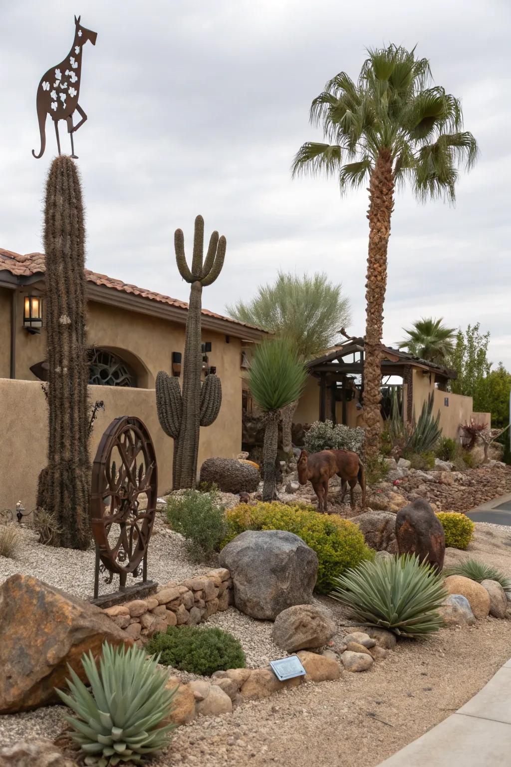 A distinctive metal art piece enhances the garden with a special touch.