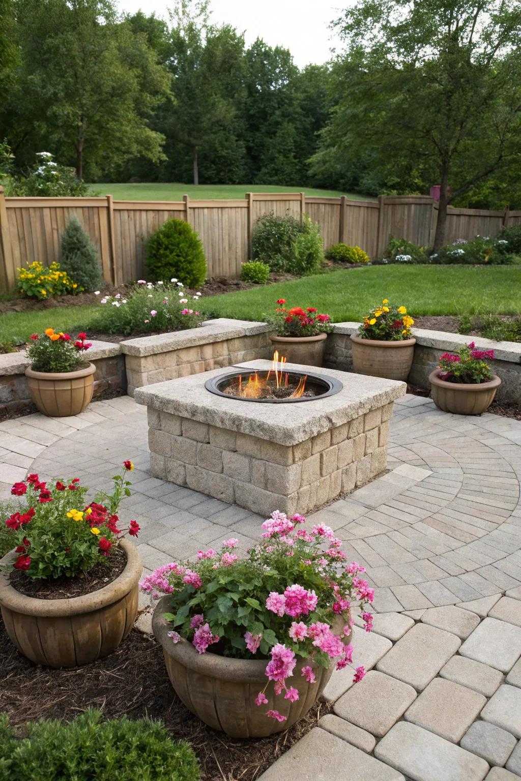 Planters create a lush environment around fire pits.