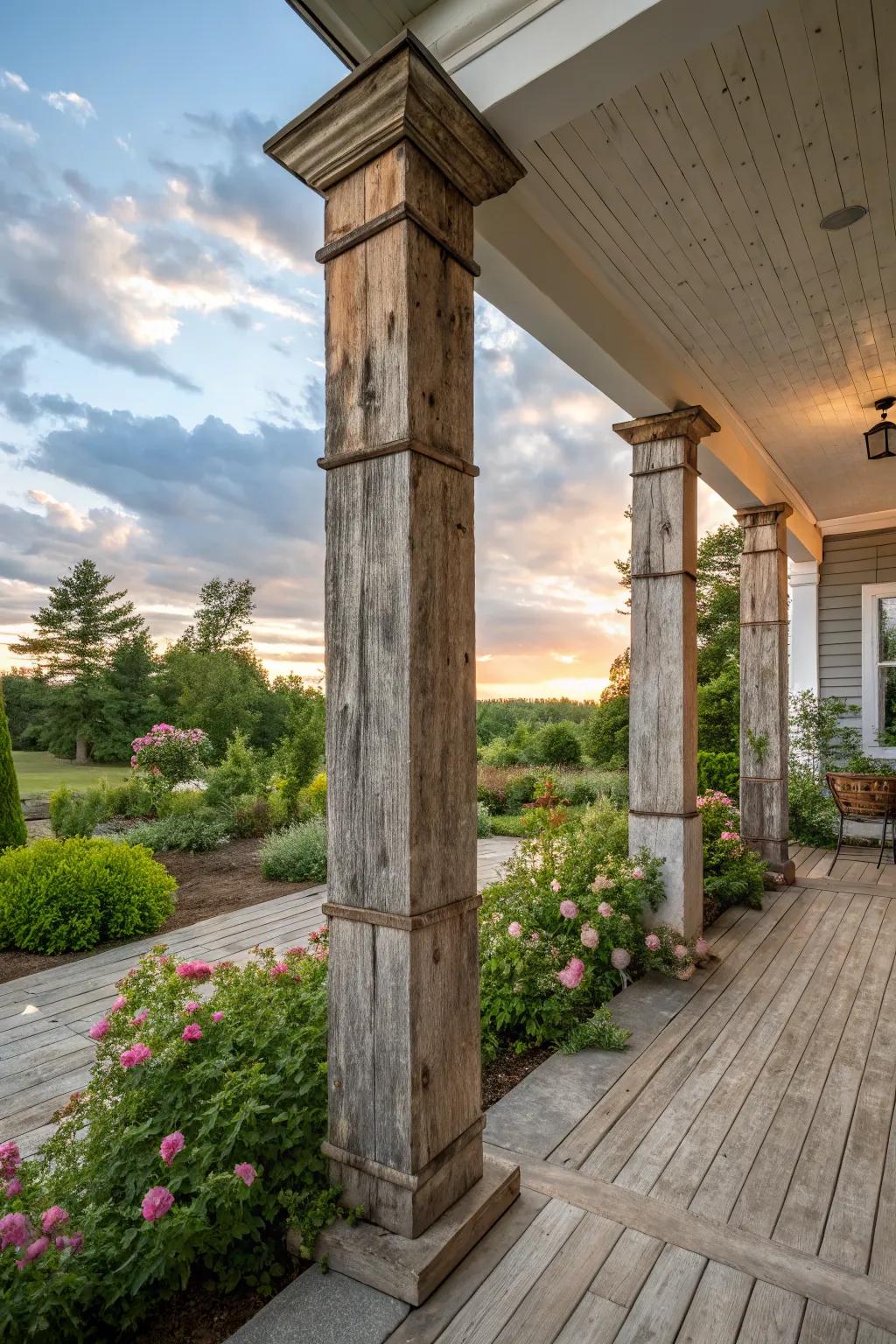 Old wood rectangular pillars bring rustic charm and personality.