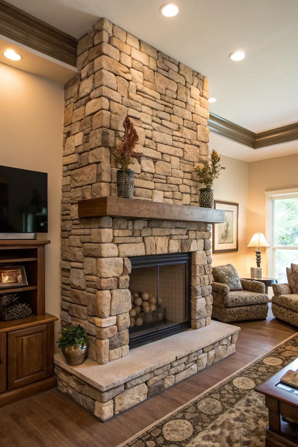 An artistic take on stone arrangement for a unique fireplace.