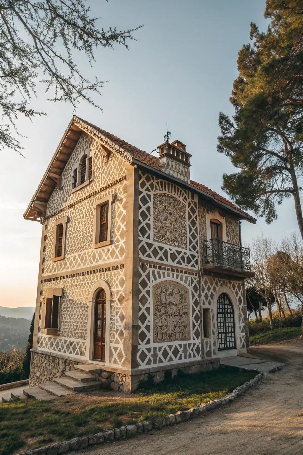 A visually intriguing house facade with patterned stone.