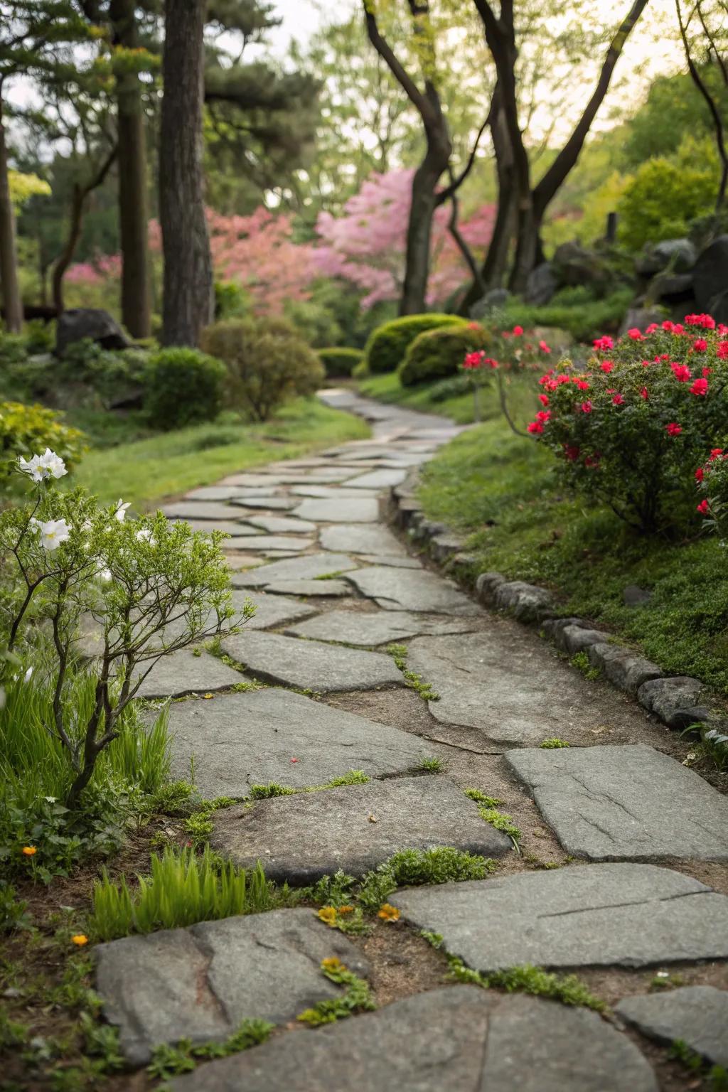 Assimilated flora contributes a nuance of nature to your stone path.