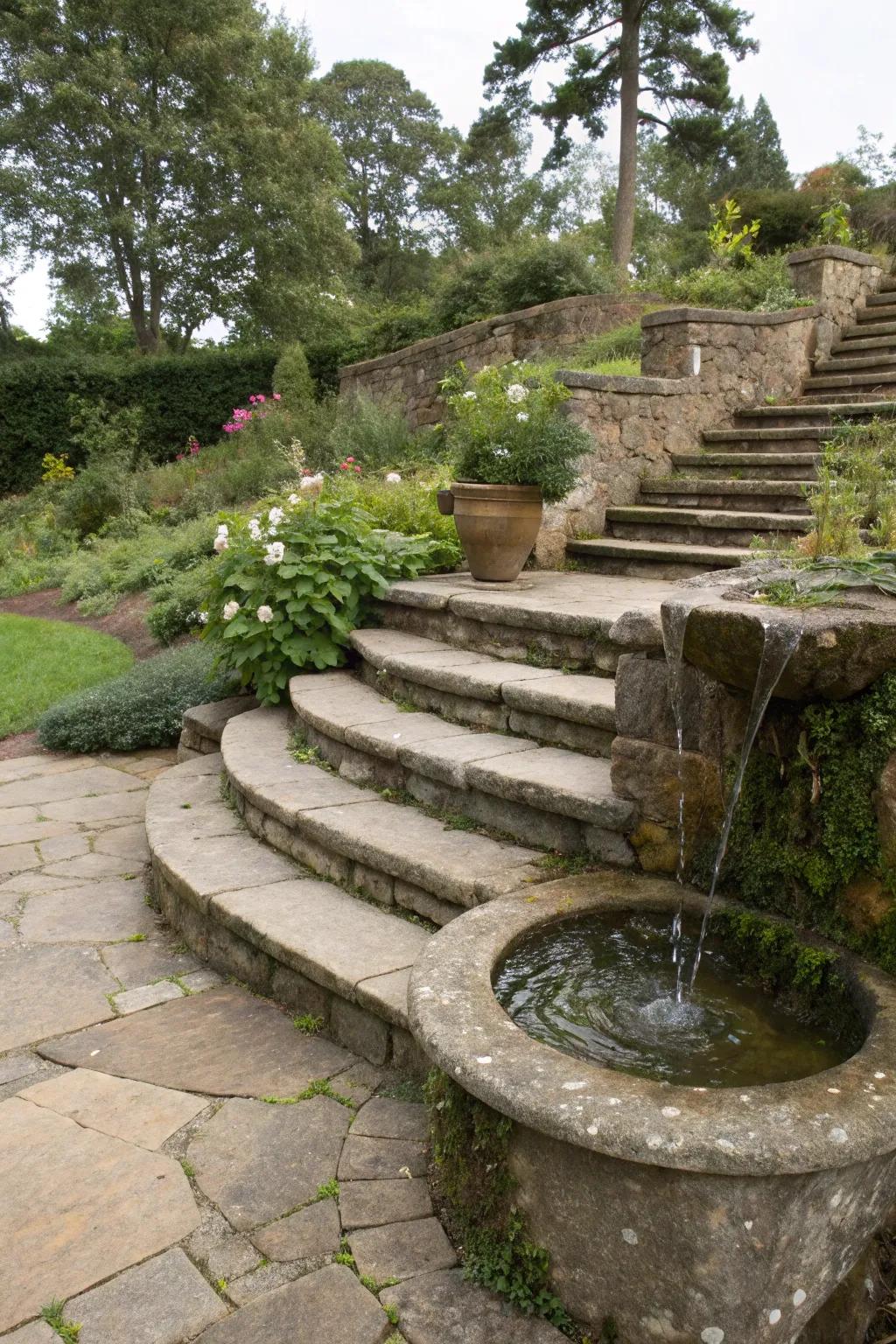 Stone steps with water features