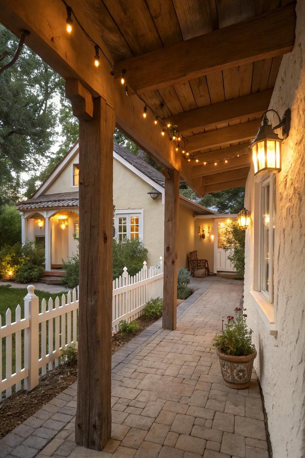 This stucco porch is made warmer by the addition of rustic wooden beams.
