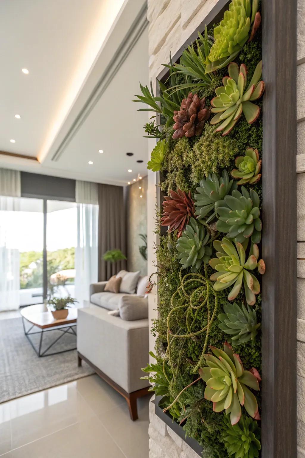 A skyward foliage creating a lush succulent wall scene.