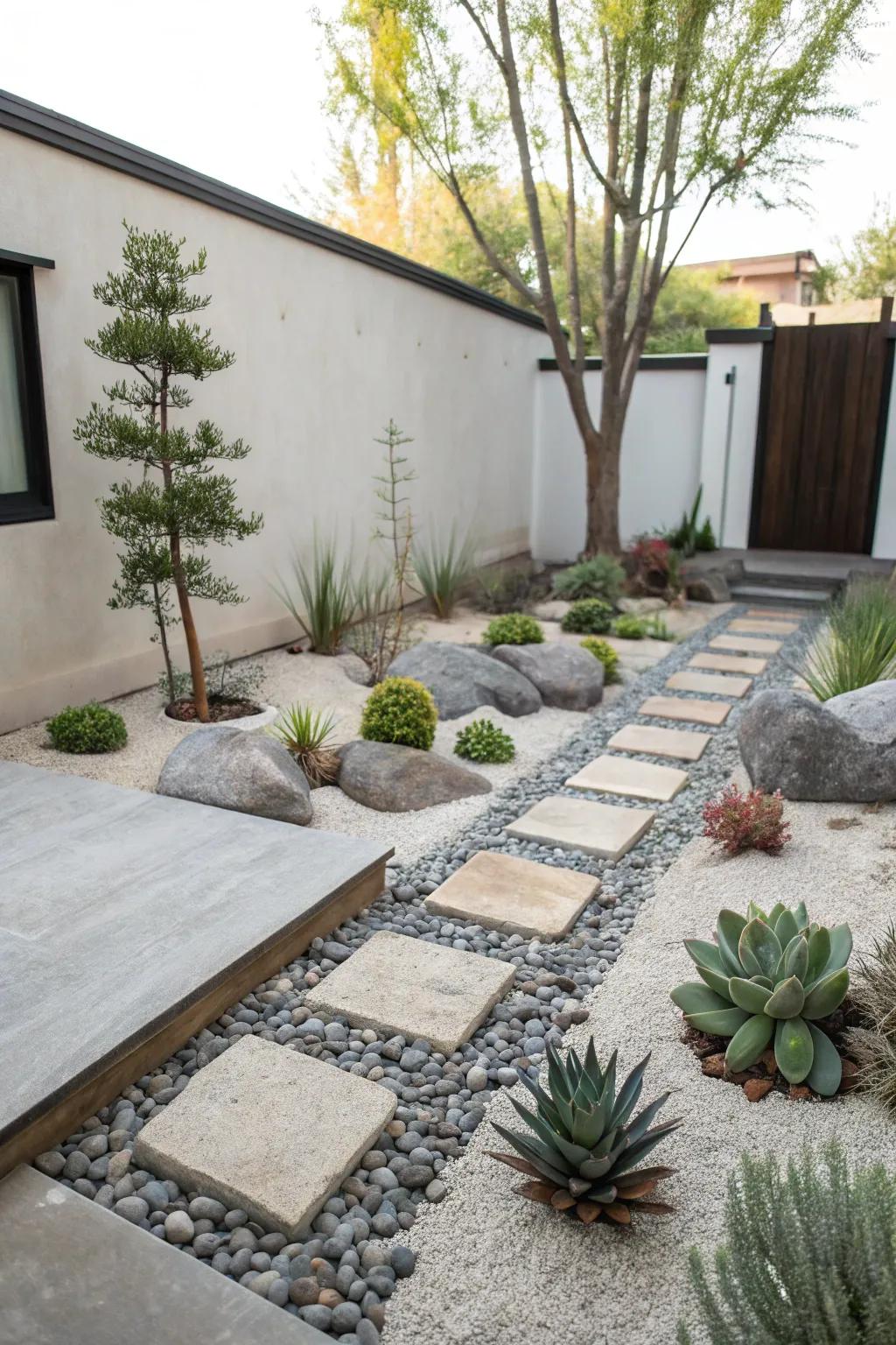A serene Zen garden featuring succulents and stone elements.
