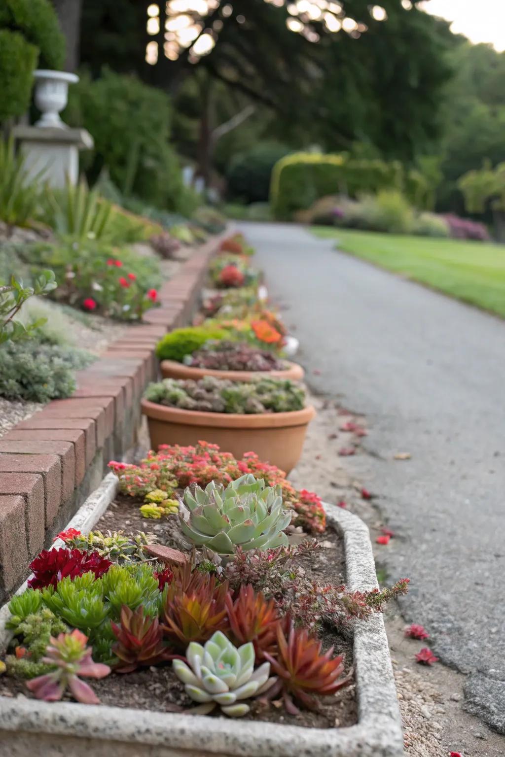 Succulent path planters add a guiding touch to garden walkways.