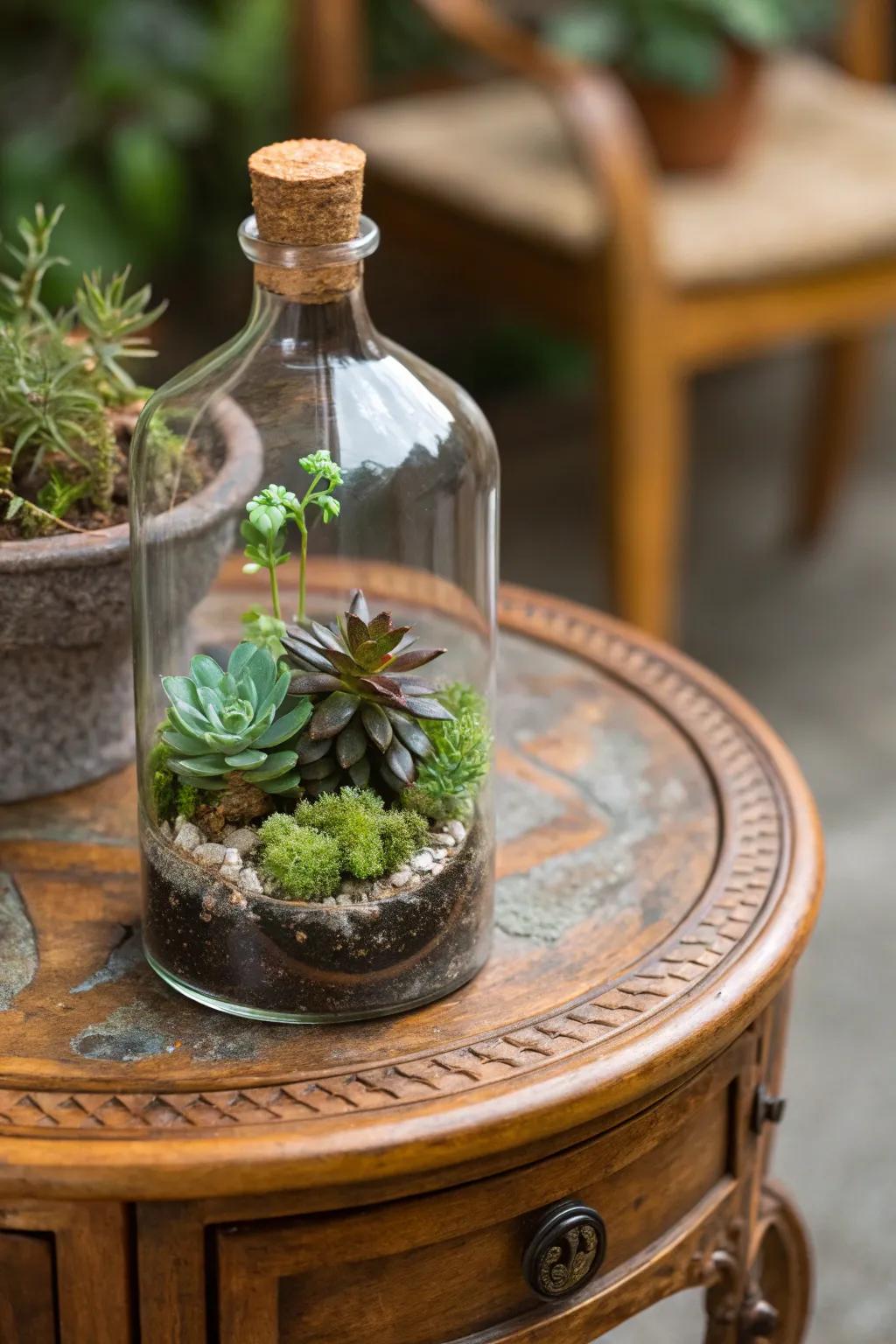 A cork-stoppered terrarium for a classic touch.
