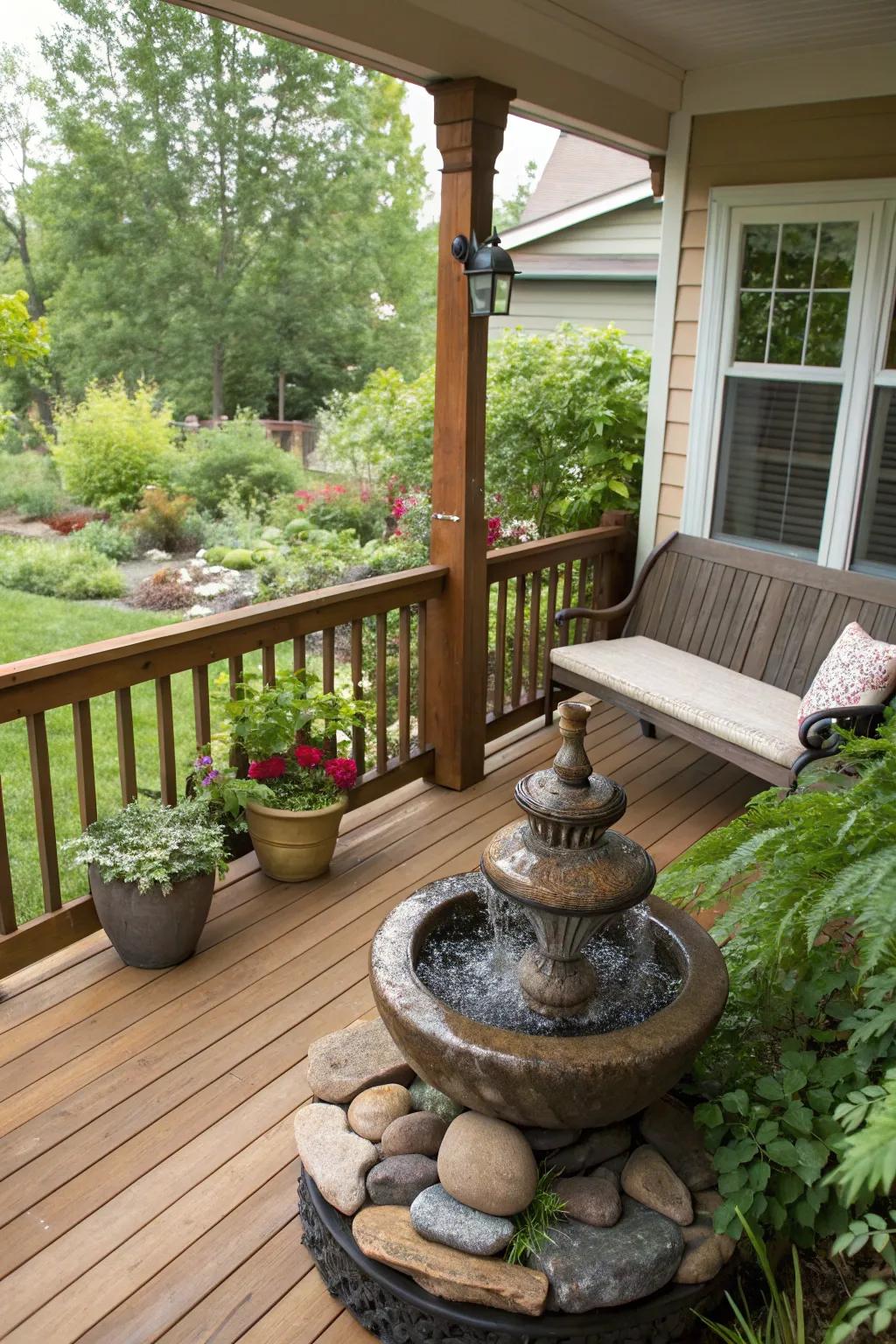A DIY hydro feature imparts a calming aspect to the porch.