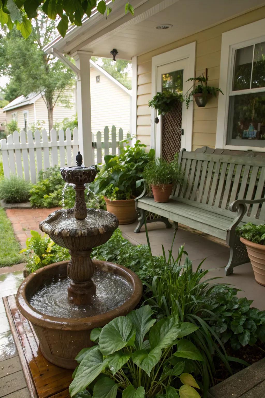 A water feature contributes a soothing soundscape to your porch.
