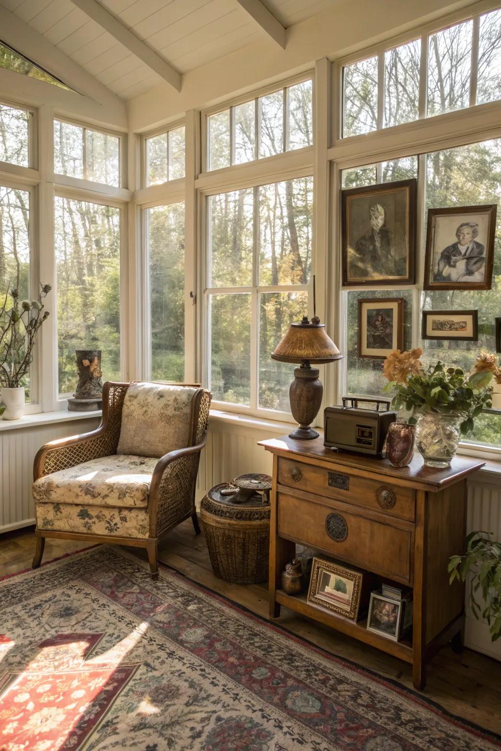 This sunroom has a retro touch because of the vintage decor.