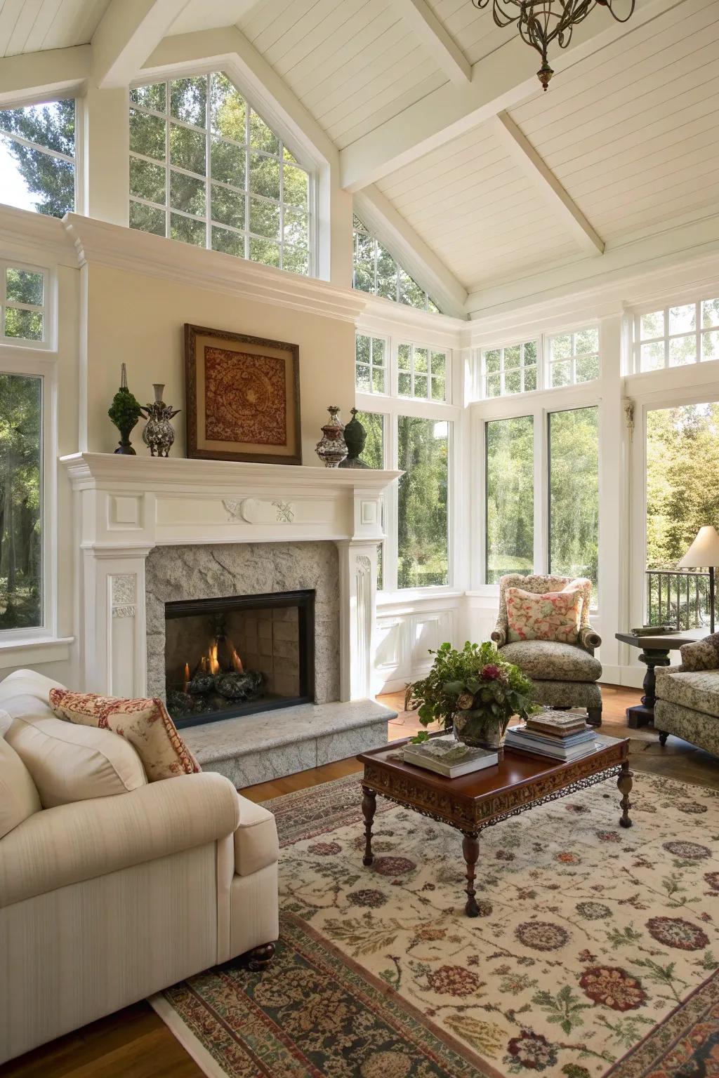 A classic white mantel fireplace adding elegance and tradition to a sophisticated sunroom.