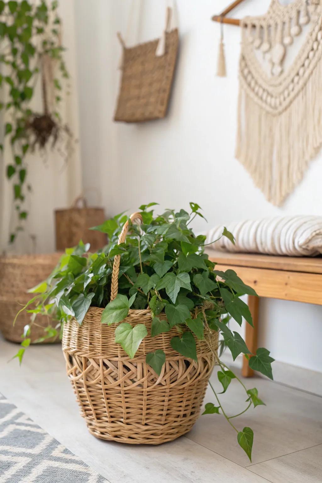 Embrace rustic elegance with a sweet potato vine in a wicker basket, perfect for a cozy, minimalist entryway.