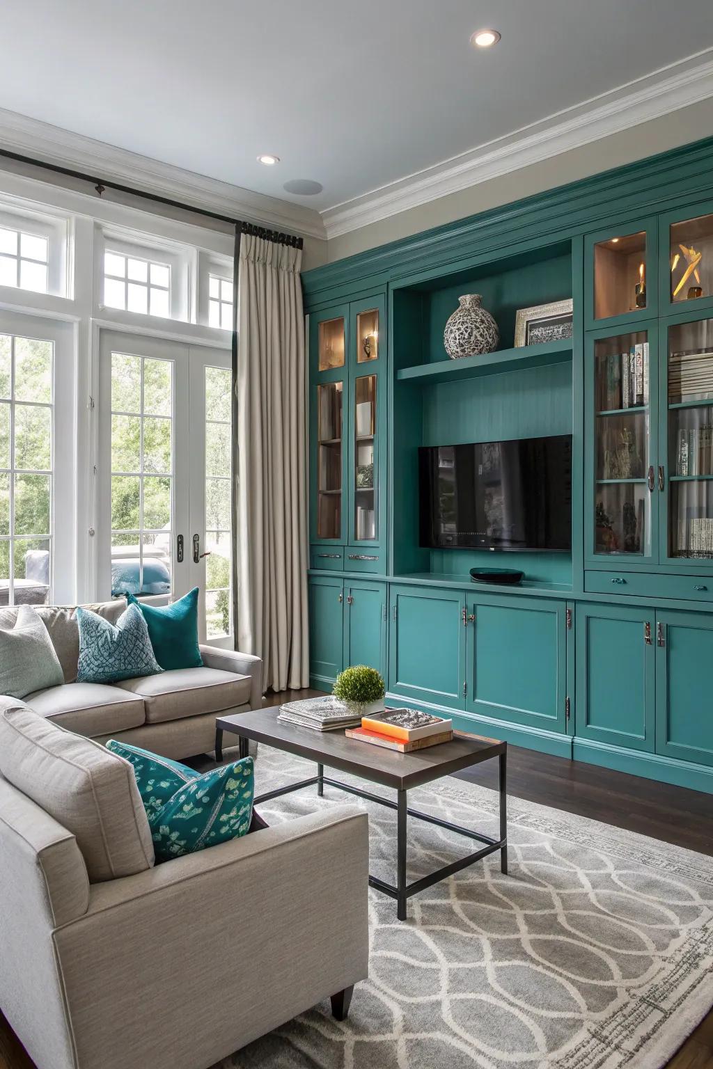Teal cabinetry offers both functionality and a bold design statement.