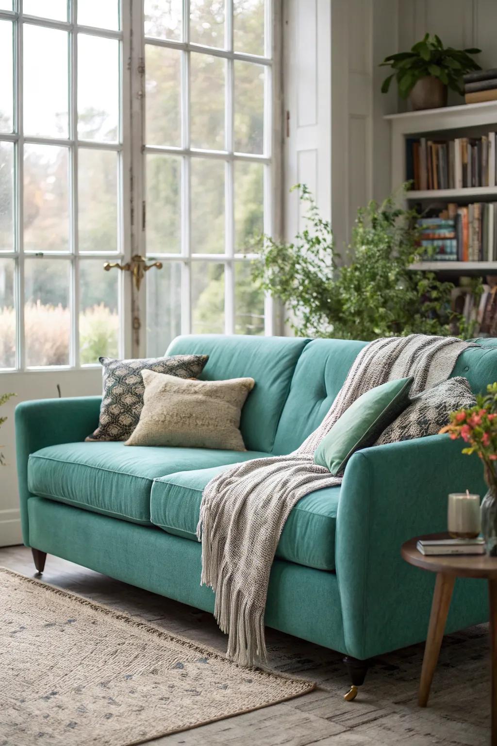 Natural light enhances the vibrant hue of a teal sofa.