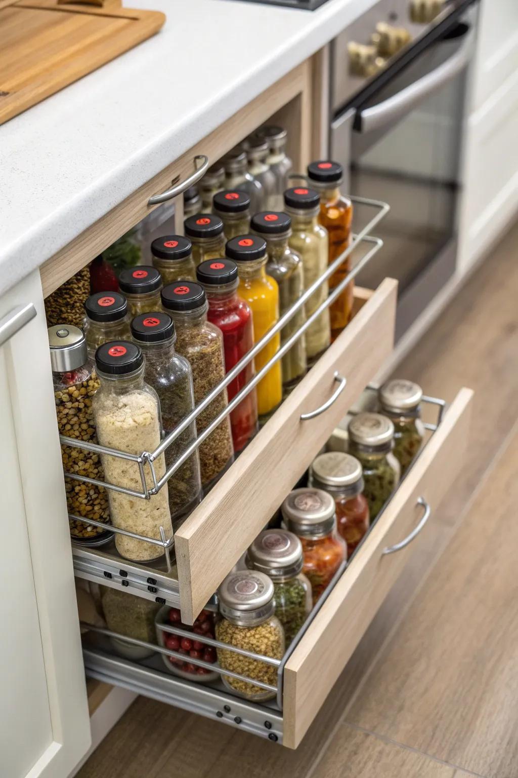 Well-arranged spices in a handy pull-out rack.